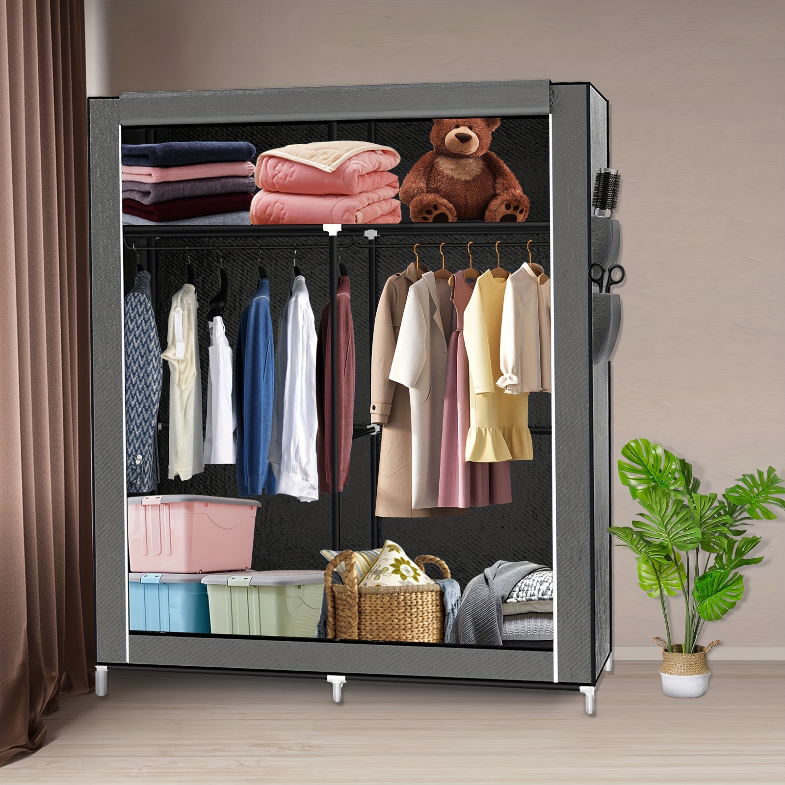 TEMU Ropa Estante de almacenamiento con para ropa, cubierta antipolvo con cremallera y bolsillos , estante práctico para la entrada del dormitorio,