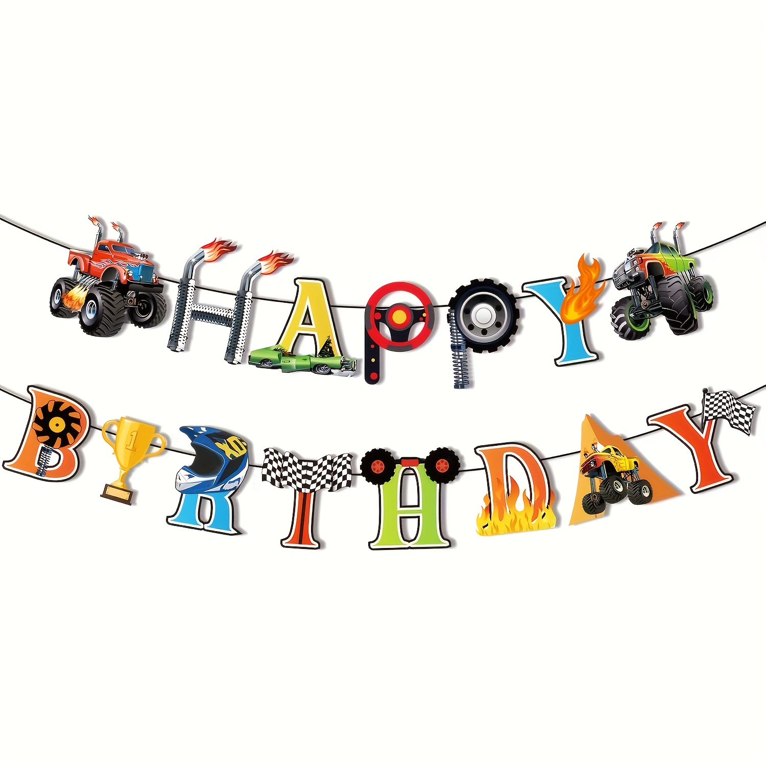 Image of String Banner For A For Monster Trucks Birthday Celebration, Featuring Off-road Vehicles And Car-themed Decorations For A Festive Party