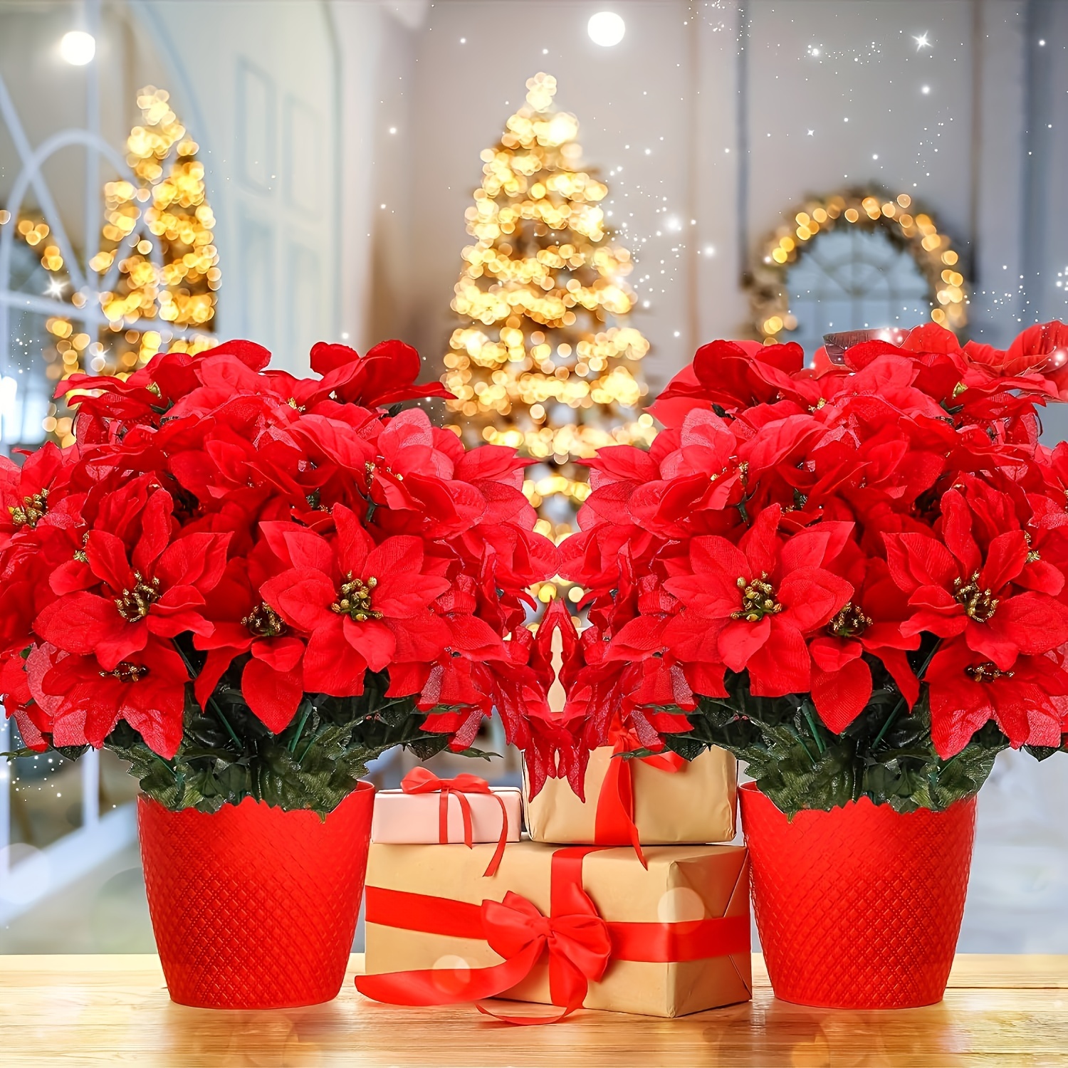 

2pcs Artificial Poinsettia Flower Plants For Christmas Decor - Plastic Poinsettia Home Decor For , Thanksgiving, Valentine's, Day - Tabletop Christmas Tree Wedding Decor Without Container