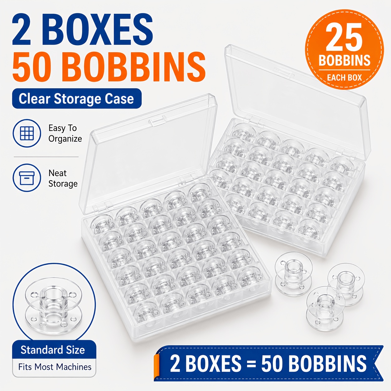 TEMU Sewing Bobbins, 2 Pack 50 Spools Plastic Bobbin Set With Bobbin Case, For Thread Replacement And Storage, Suitable For Home Sewing Machines And