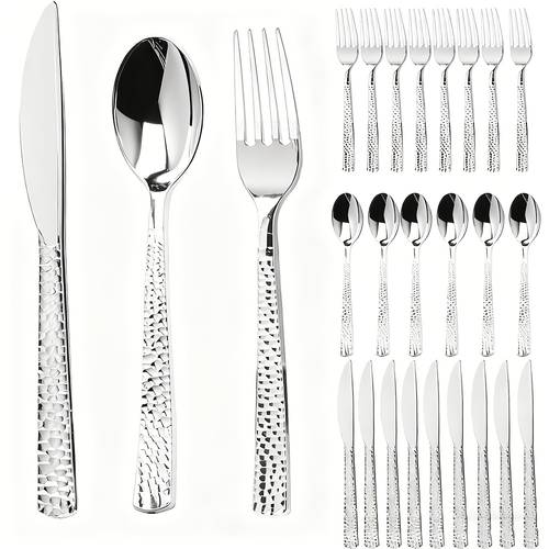 30pcs silvery plastic cutlery set 10 knives 10 spoons 10 forks suitable for weddings birthday parties graduation parties anniversary parties etc durable plastic cutlery
