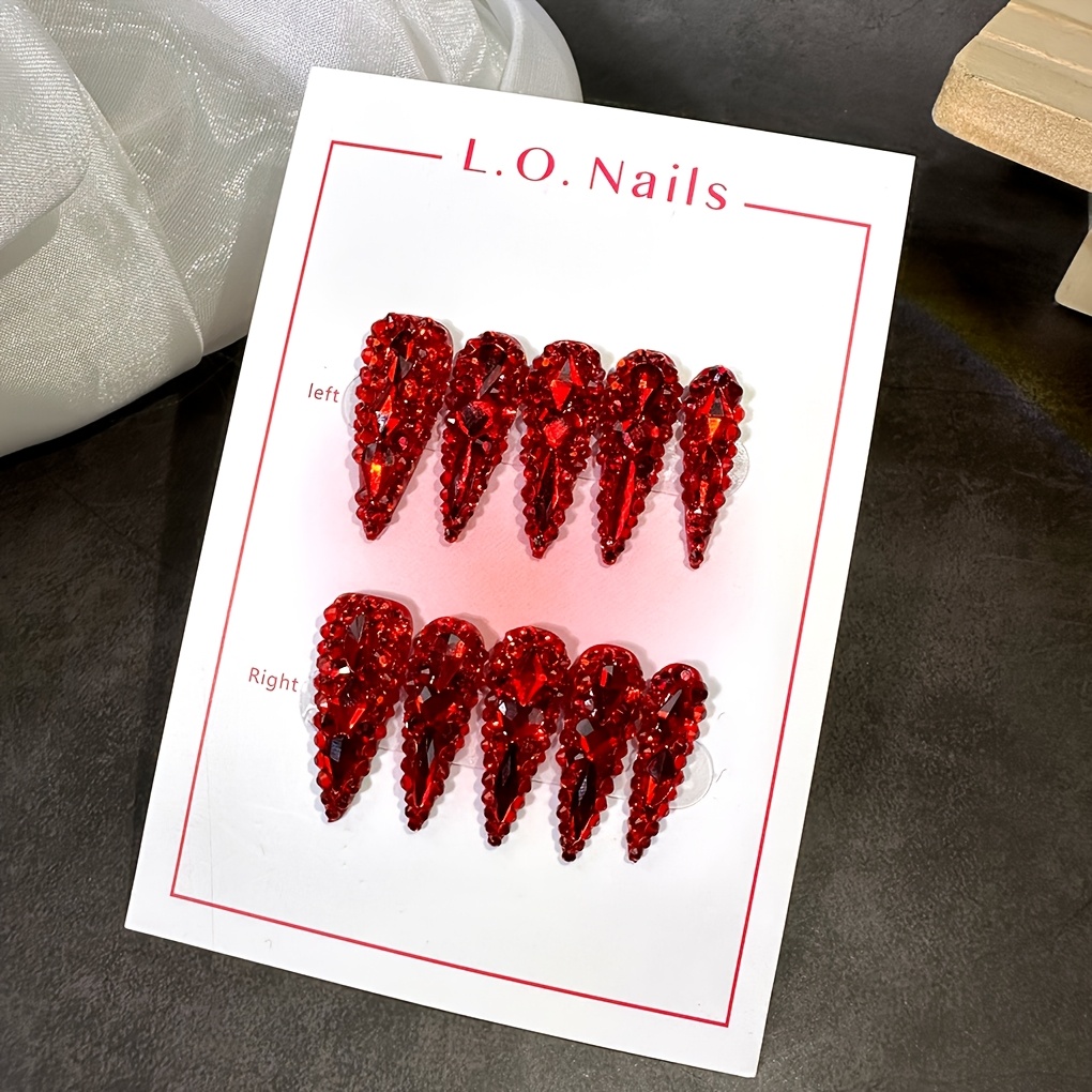 TEMU 10pcspcs Lonnailssy Handmade Press Nails - Long Water Drop Almond Shape Full Cover False Nails With Sparkling Ab Glitter, Nail Suitable For