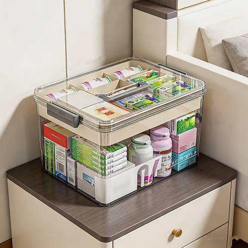 1pc large transparent plastic medicine box with lid handle multi tier suitable for medication storage large capacity suitable for household organizer for bedroom office bathroom portable medicine cabinet organizer