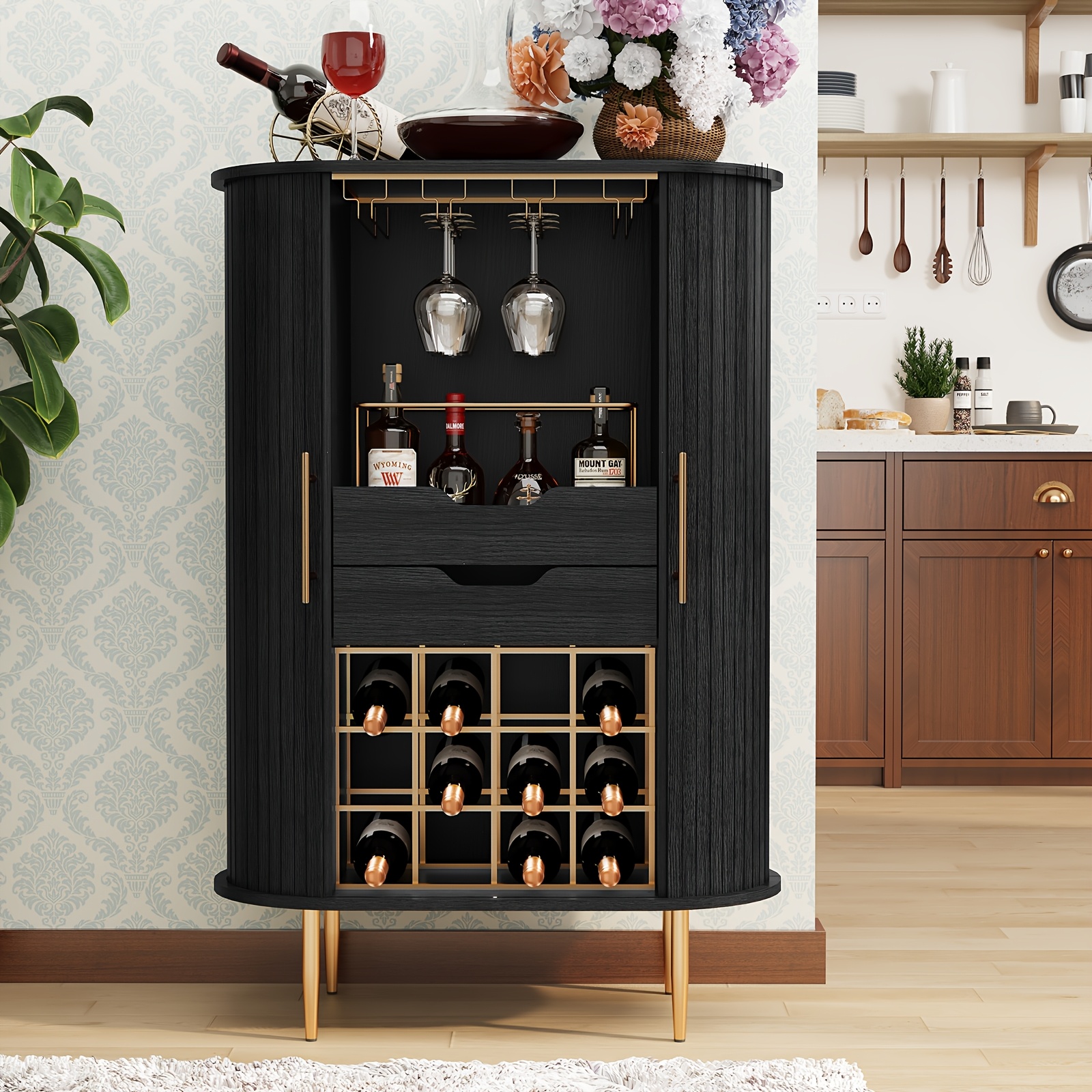 Wooden Bar Cabinet - Tambour Door & 16-Bottle Wine Rack