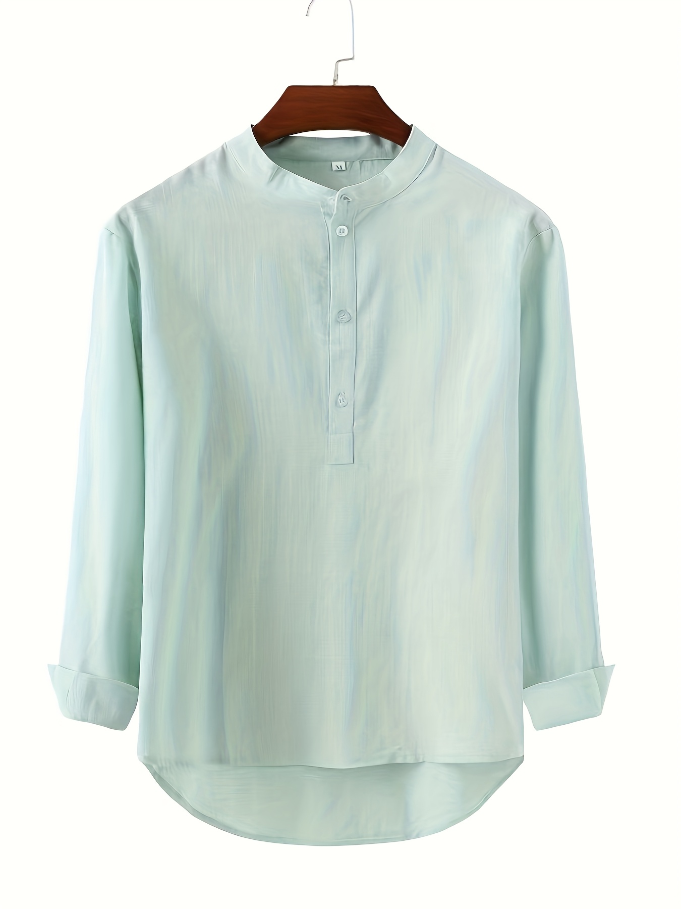 breathable cotton long sleeve shirt for men women lightweight light beige friendly stand collar top unisex casual   with front short back hem   machine washable regular fit   fabric soft texture