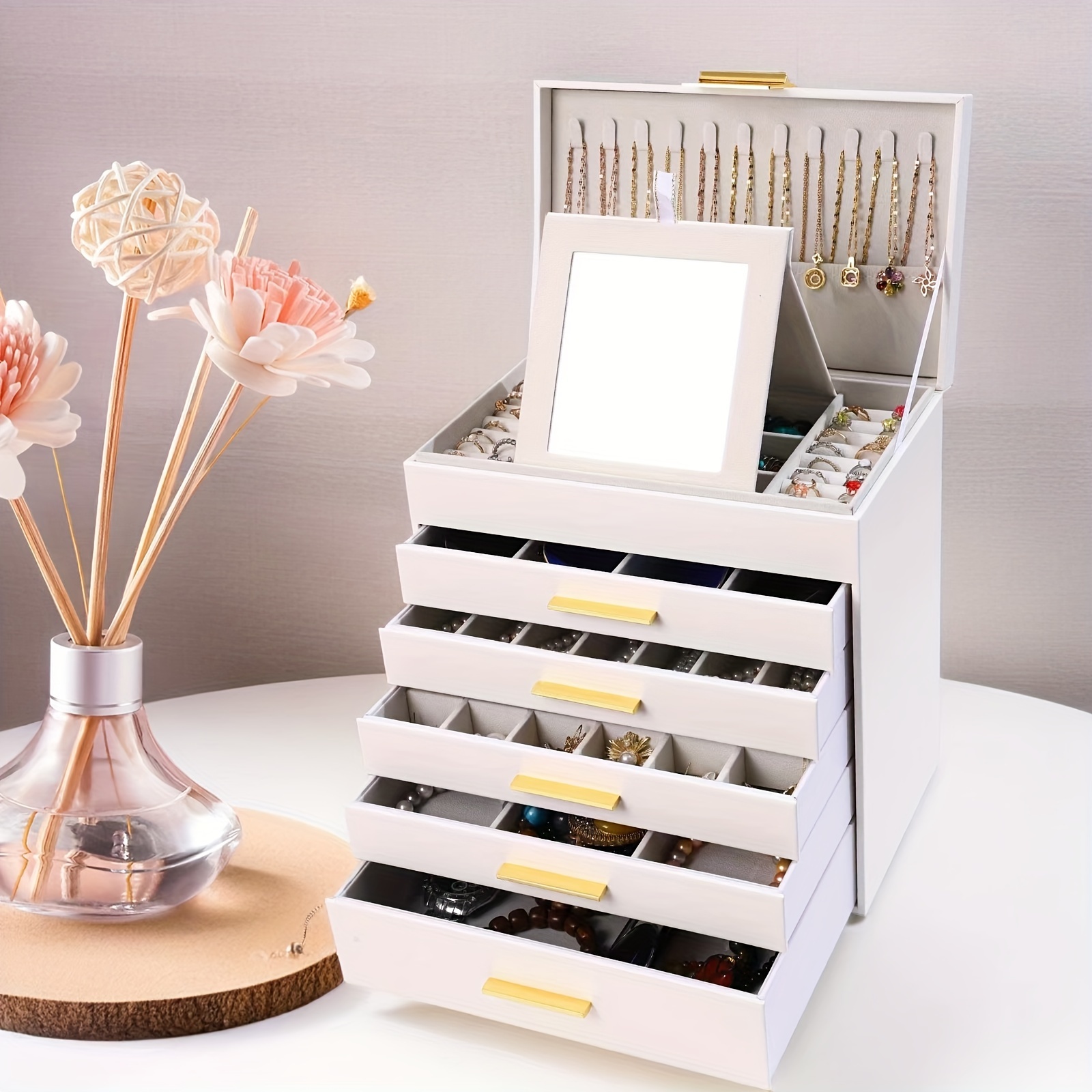 6 layer   leather jewelry organizer box with   large capacity multi drawer storage for necklaces earrings watches glasses soft fabric lined compartments golden handles elegant   jewelry organizer storage necklace display stylish display     fashion enthusiasts Product details 0