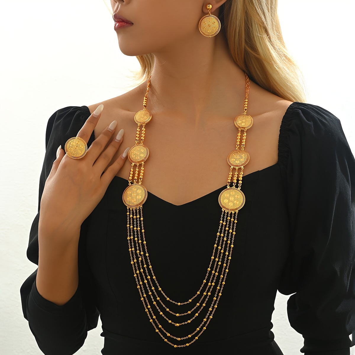 

Ensemble de Bijoux 4 Pièces à Franges pour Femmes - Collier, Boucles d'Oreilles & Bague de Style Vintage - pour les & Banquets, Bijoux Vintage