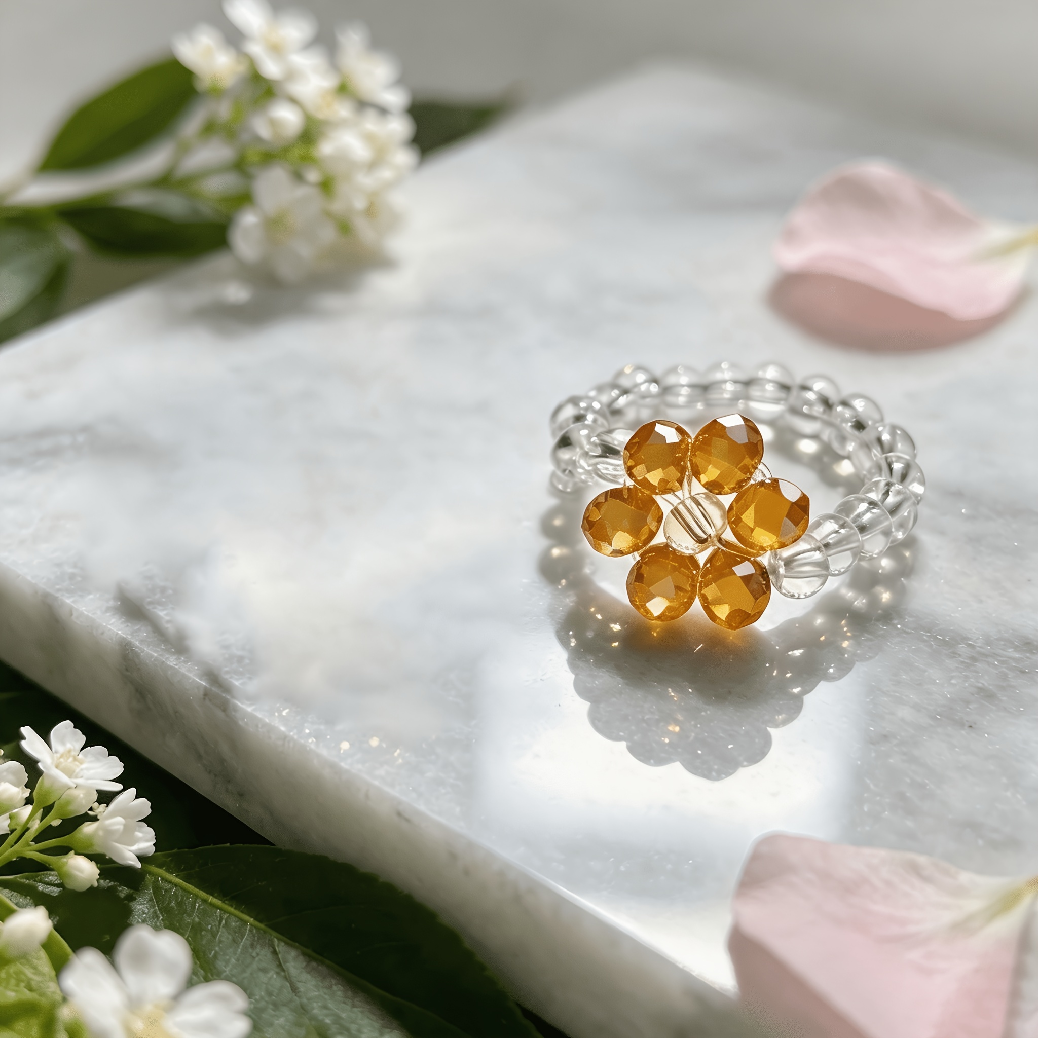 Women's Adjustable Elastic Cord Flower Shape Ring with Crystal