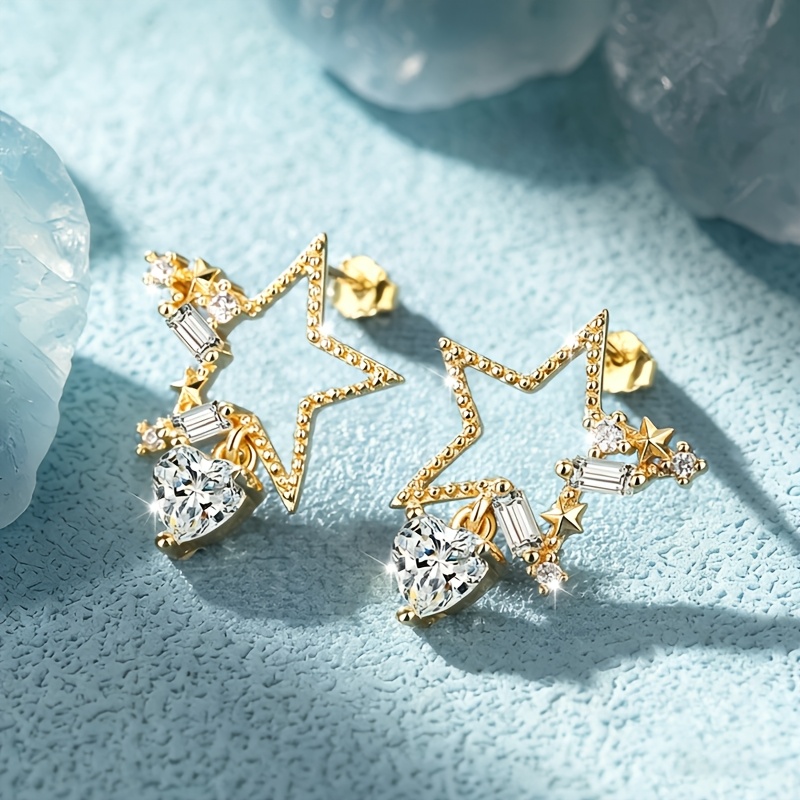 2pcs Ultra-Sparkling Star Zirconia Stud Earrings, Elegant Gift
