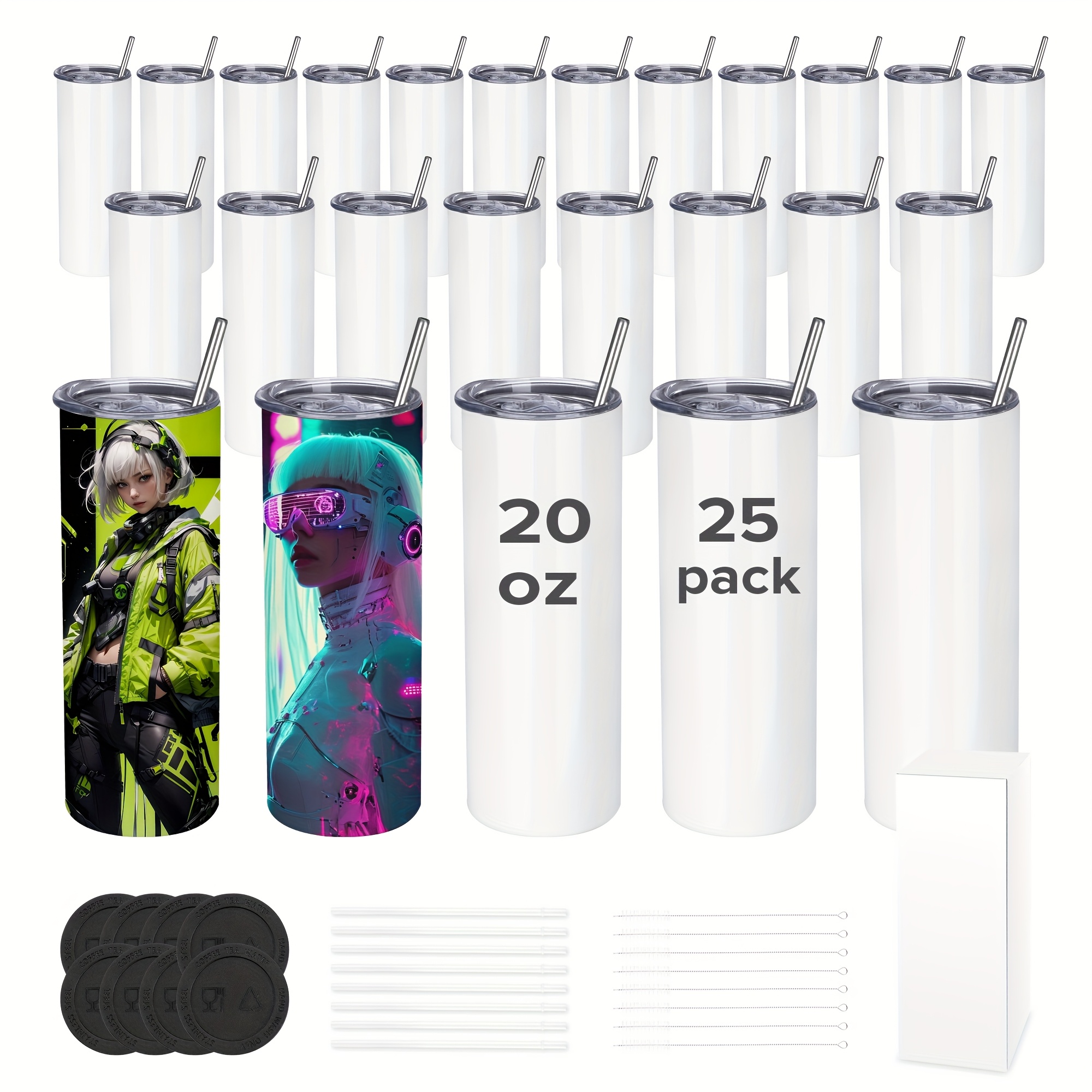 

25pcs, 20oz Skinny Sublimation Tumblers For Cafe, With Plastic & Metal Straw Straw Cleaner Rubber Bottom , All Your Needs, Stainless Steel Double Insulated Cups For Heat Transfer