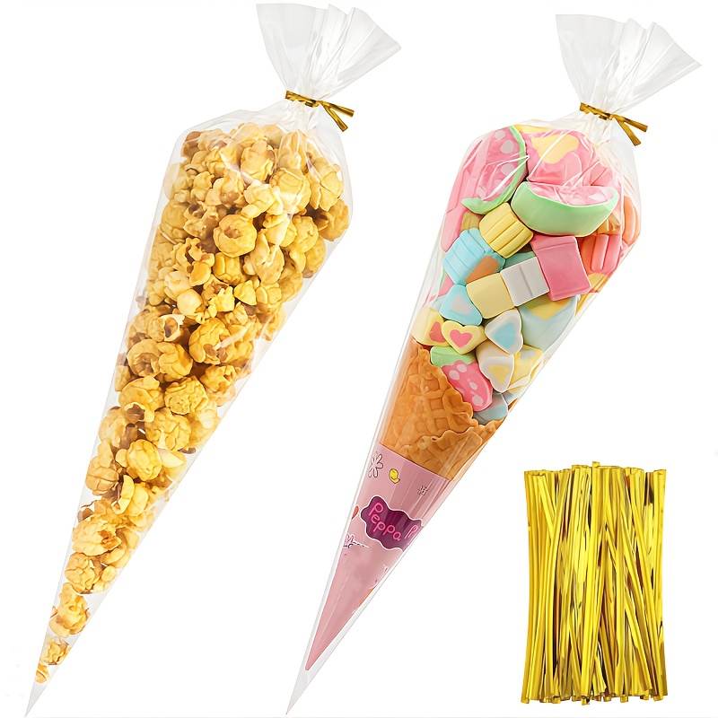 50 100pcs transparent triangular   bags 3 sizes high quality reusable cone shaped gift bags with twisted tie closure for popcorn candy   party favors weddings birthdays gift wrapping small gift bags snack packaging festive packaging