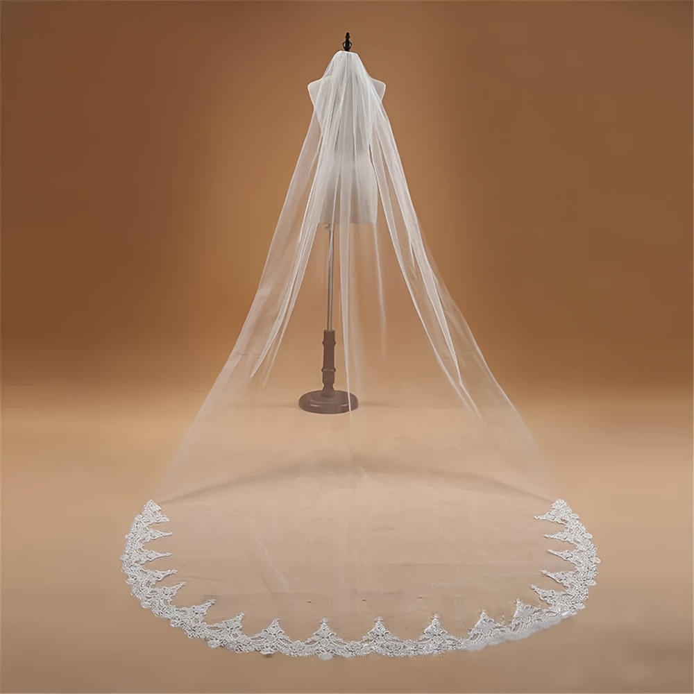 TEMU Long Lace Trim Bridal Veil Single Layer Soft Mesh Lace Headpiece Women's Dress Wedding Gown Accessory
