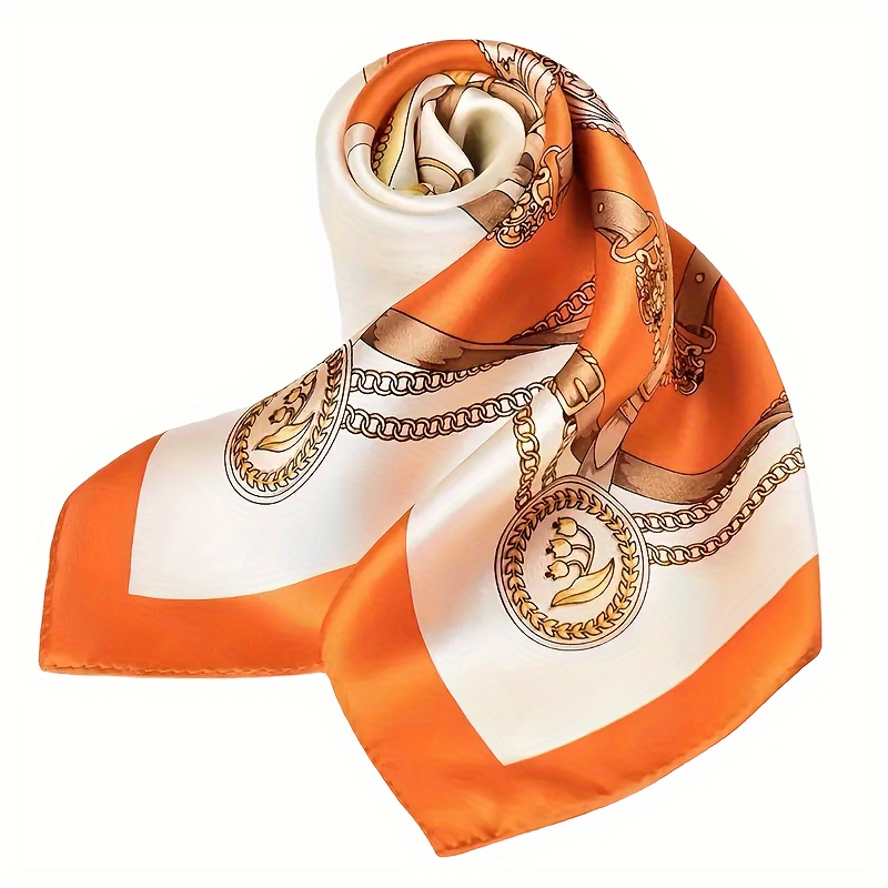 

1pc Chain Orange Floral Simulation Silk Square Scarf, Sunscreen Scarf Suitable For Bag Decoration