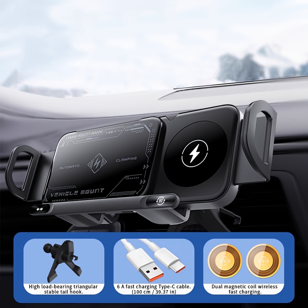 TEMU A Car Mount Holder For Folding Screen Phones That Supports Wireless Fast Charging, Featuring 15w Dual Coils, Automatic Clamping, And 90°