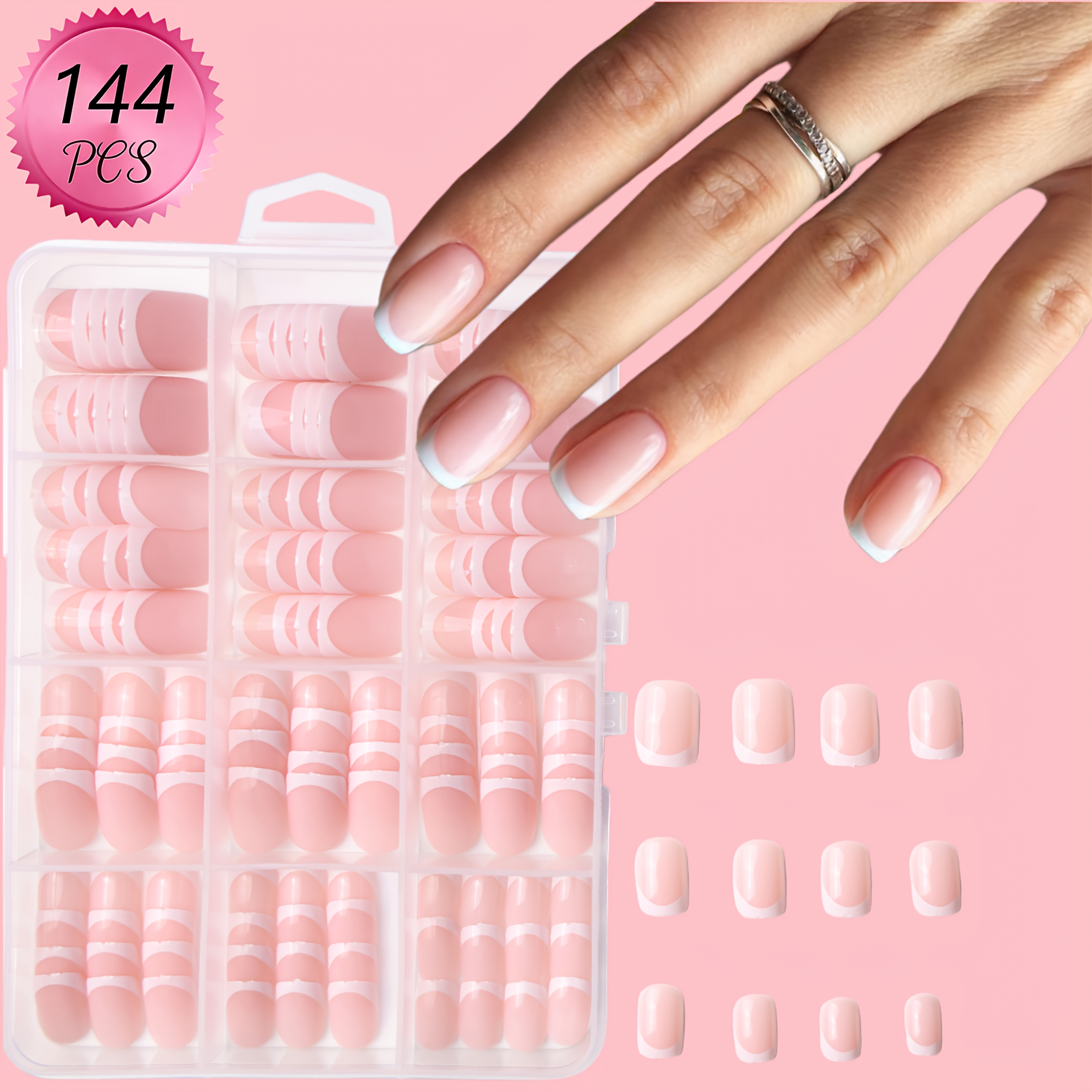 TEMU A Set Of 144pcs Of Square Fake Nail Tips With White Edges, Featuring A Nude Pink Glossy End That Covers The Entire Nail And Is Removable. Smooth