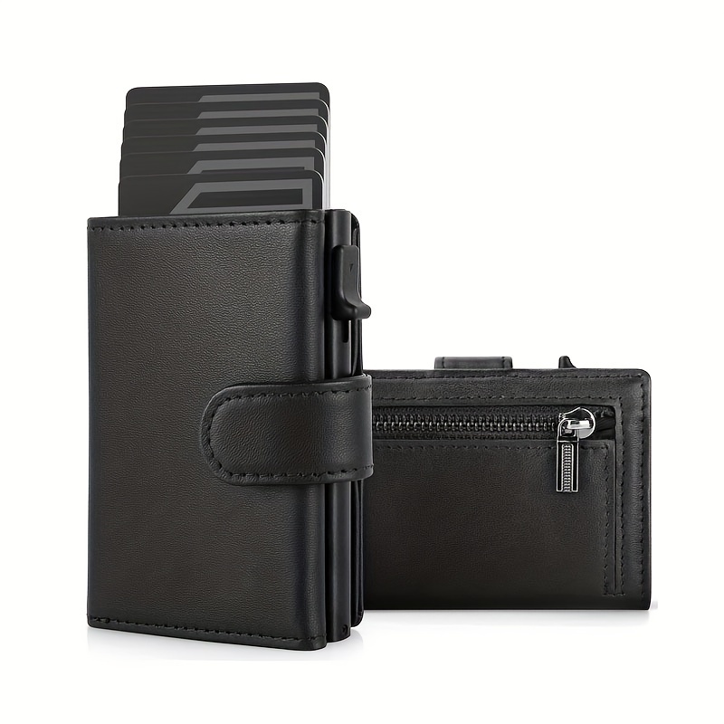Men's Genuine Leather Rfid-blocking Wallet - Slim, Multi-card Holder With Automatic Pop-up Feature & Zippered Coin Purse