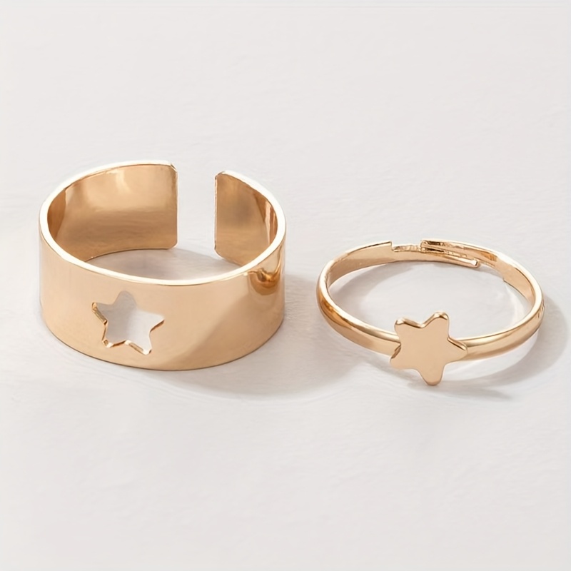 2pcs Boho Adjustable Open Ring Set Hollow Cutout Iron Couple Rings