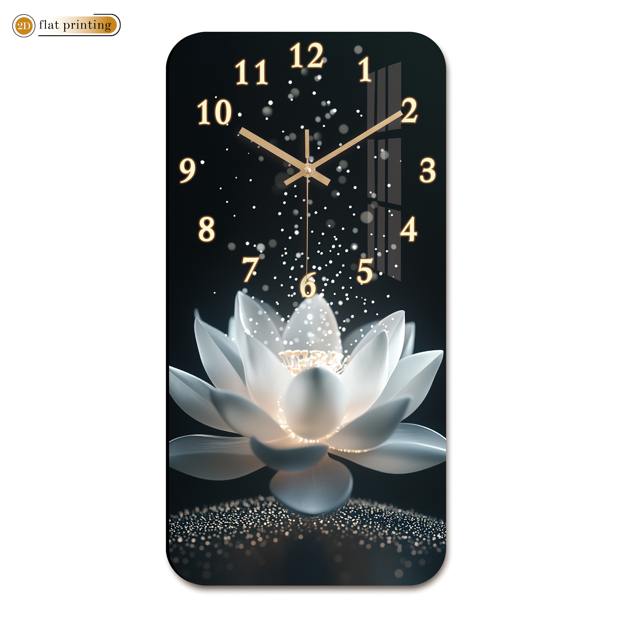 TEMU For Lotus Flower Wall Clock With Sparkling, Wooden Household Rectangular Silent Wall Clock-2d Flat Printing, Suitable For Decorating Cafes,
