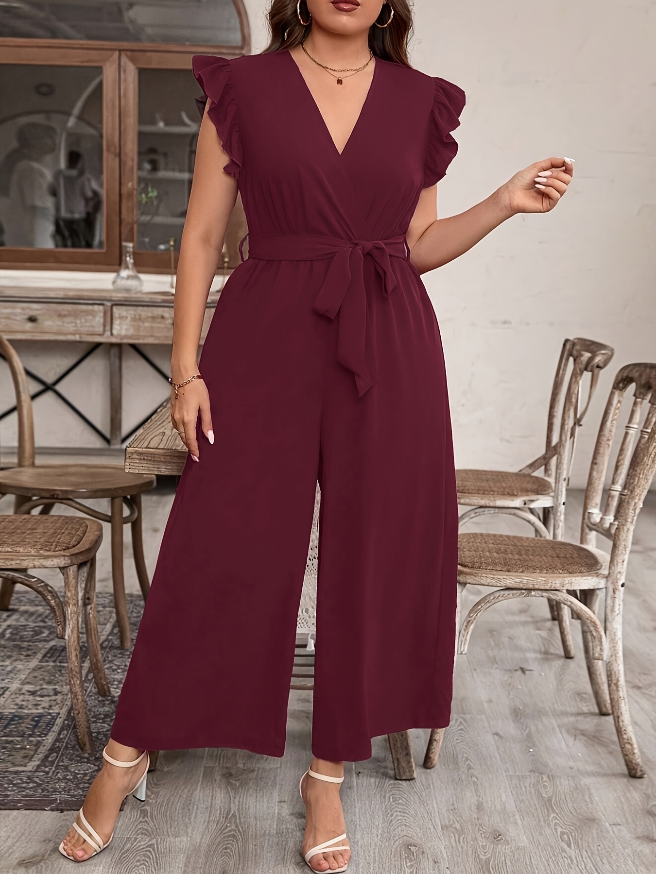 Color: Red Ruffle and Belt Solid Color V-Neck Bodysuit