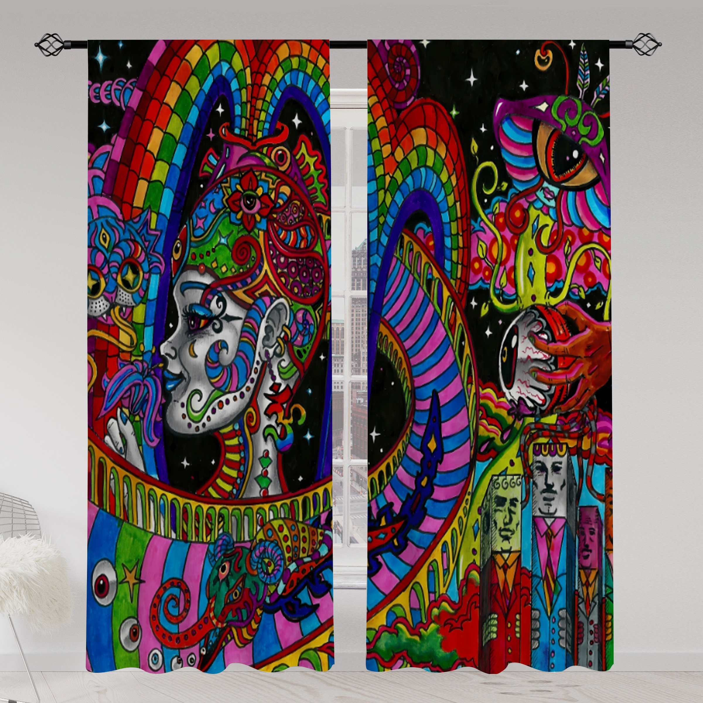 

2pcs, European And American Hippie Style Printed Translucent Curtains, Living Room Game Room Bedroom Multi-scene Polyester Rod Pocket Curtain Home Decor Party Supplies
