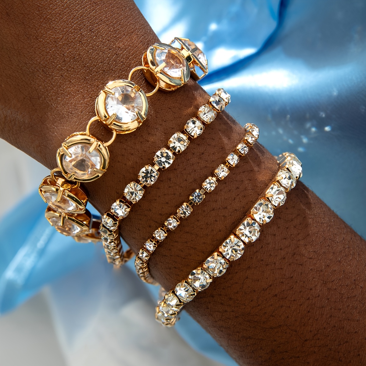 Image of 4pcs Set Of Fashionable And Light Claw-set Rhinestone Chain Stackable Bracelet Set, Suitable For Women's Prom Parties, Gatherings, And As A Gift For