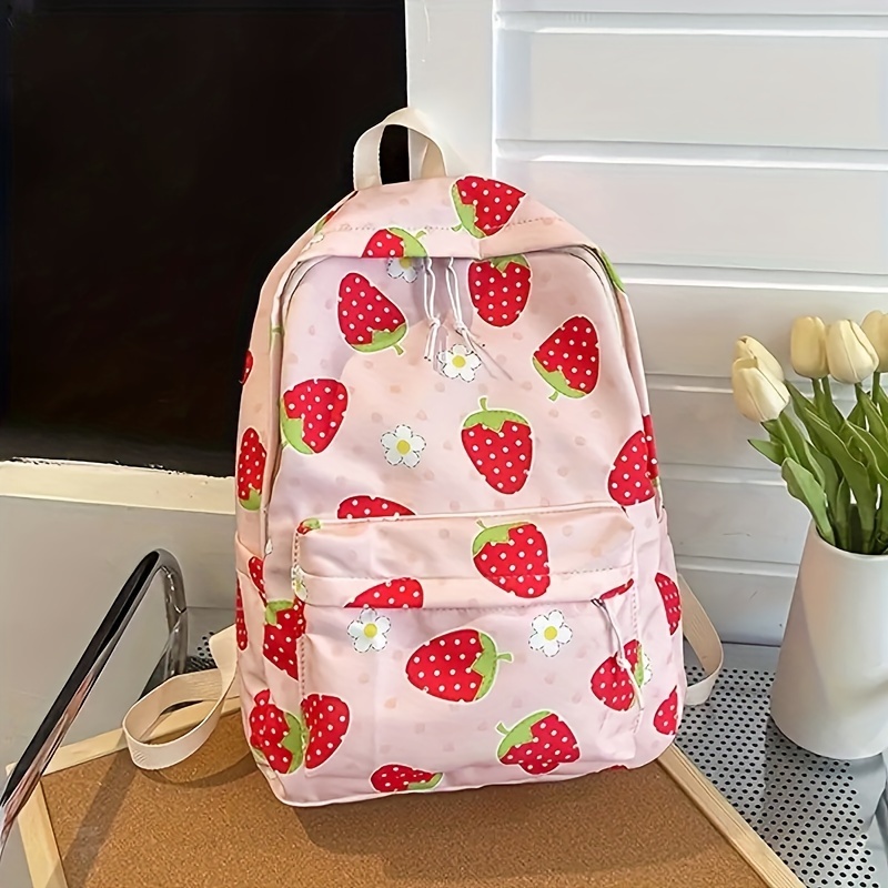 

Fashionable Strawberry Print Backpack, Fashionable And Spacious, Casual Style Daypack For School And Travel