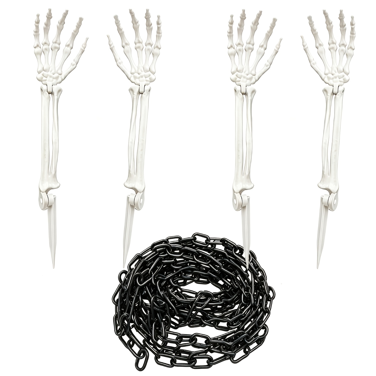 【3d】 5pcs Halloween Skeleton Hands Outdoor Decorations Realistic Skeleton Arm Stakes Kits 4 With 16.4ft Black Chain For Garden Pathway Yard Lawn