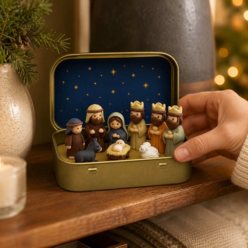handgemaakte mini kerststal set in   - draagbare zakformaat kerststal met maria,   en dierenfiguren, handgeschilderd, ideaal voor pasen, kerstcadeau, kerst