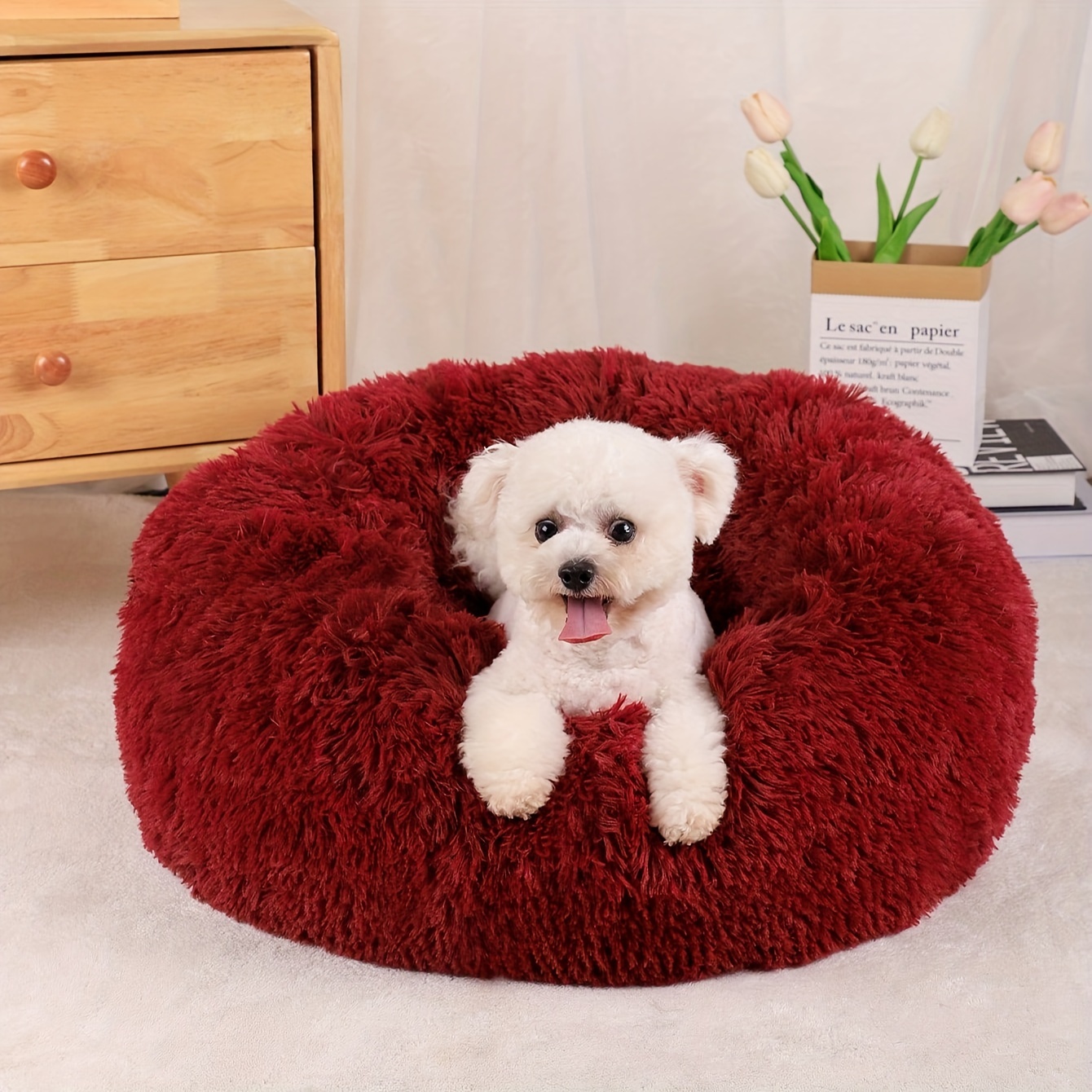 

Beiyu Pet Cozy Donut Plush Round Bed For Small To Medium Dogs - Luxurious Red, Soft Polyester Fiber, Non-assemblable, Snuggling And Napping, Long Plush, Red