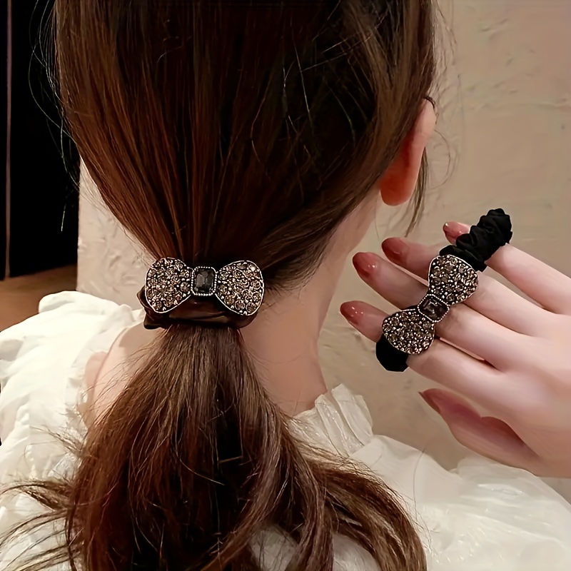 

2pcs Elegant Bowknot Rhinestone Hair Bands - Vintage ' Sparkling Hair Accessories, , Comfortable Wear, , Parties, And , Alloy Material, Black & , Bow & Rhinestone Design, Set