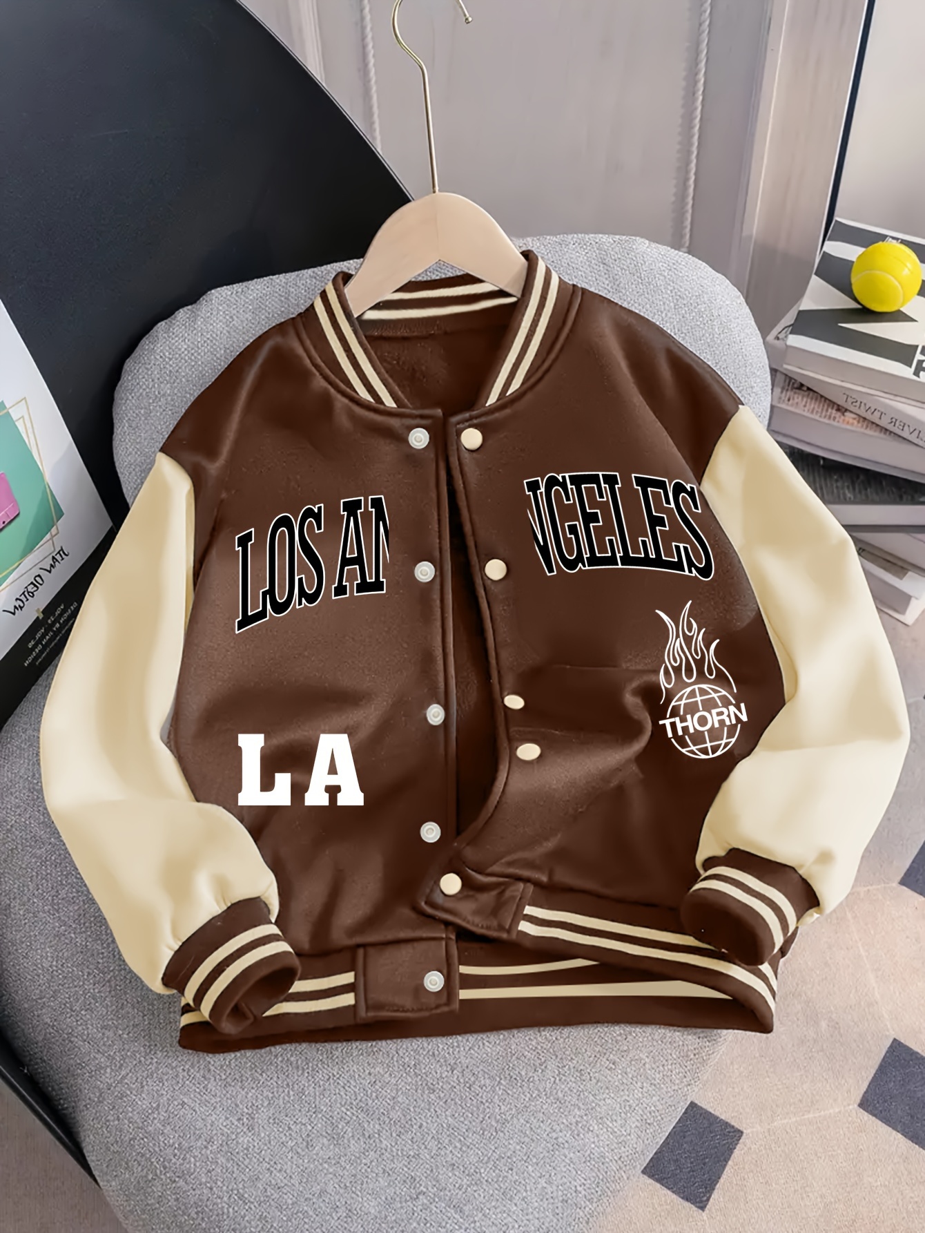 print varsity jacket for kids, casual button front long sleeve