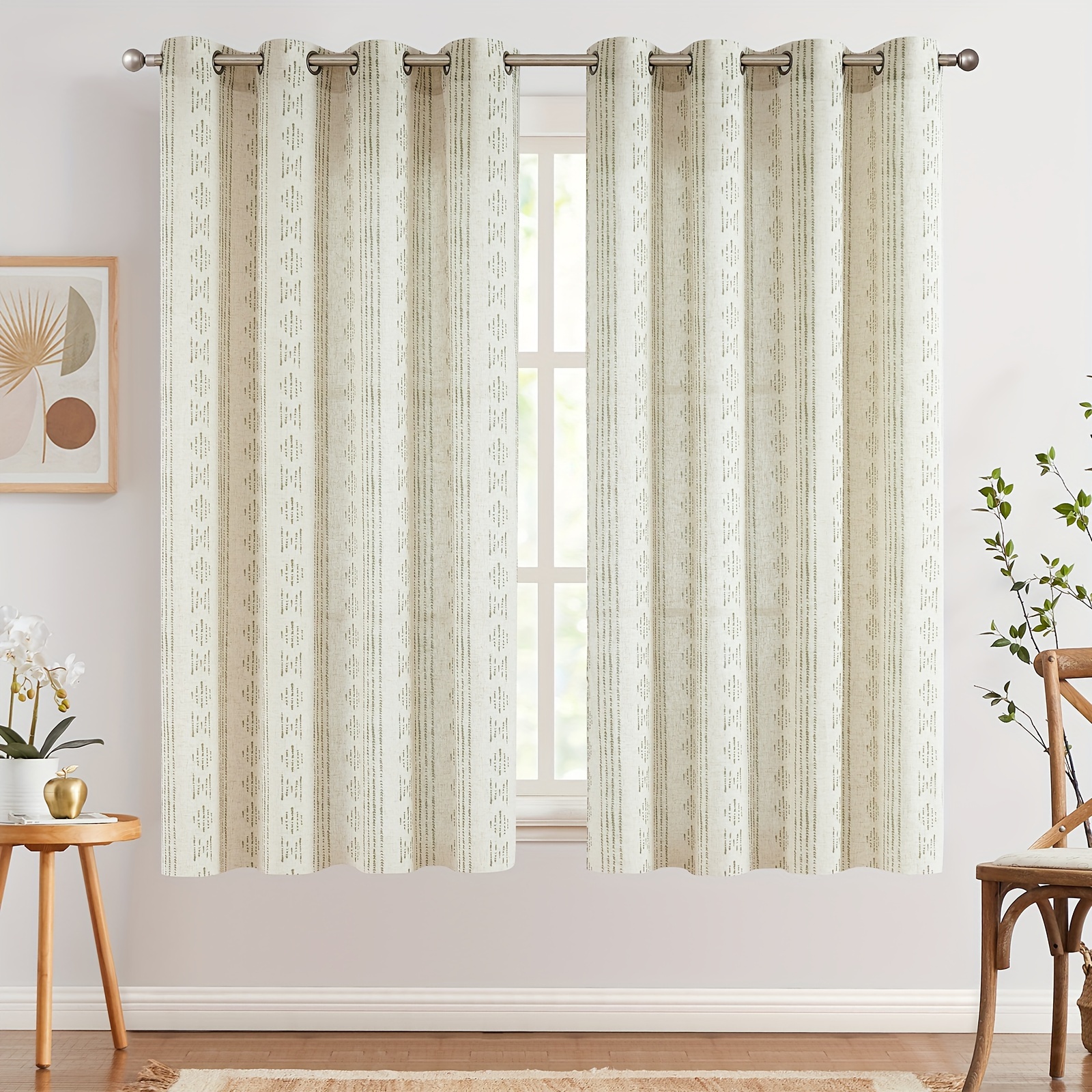 TEMU 2 Panels Boho Curtains Linen Curtains For Living Room Farmhouse Boho Curtains Geometric Striped Patterned Mudcloth Grommet Top Curtains