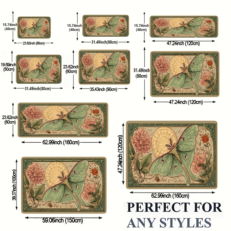 TEMU 2d Mat 1pc, Elegant Flannel Floor Mat Featuring Vintage Green Luna Moth With Detailed And Compass Design, Non-slip And Durable, Perfect For