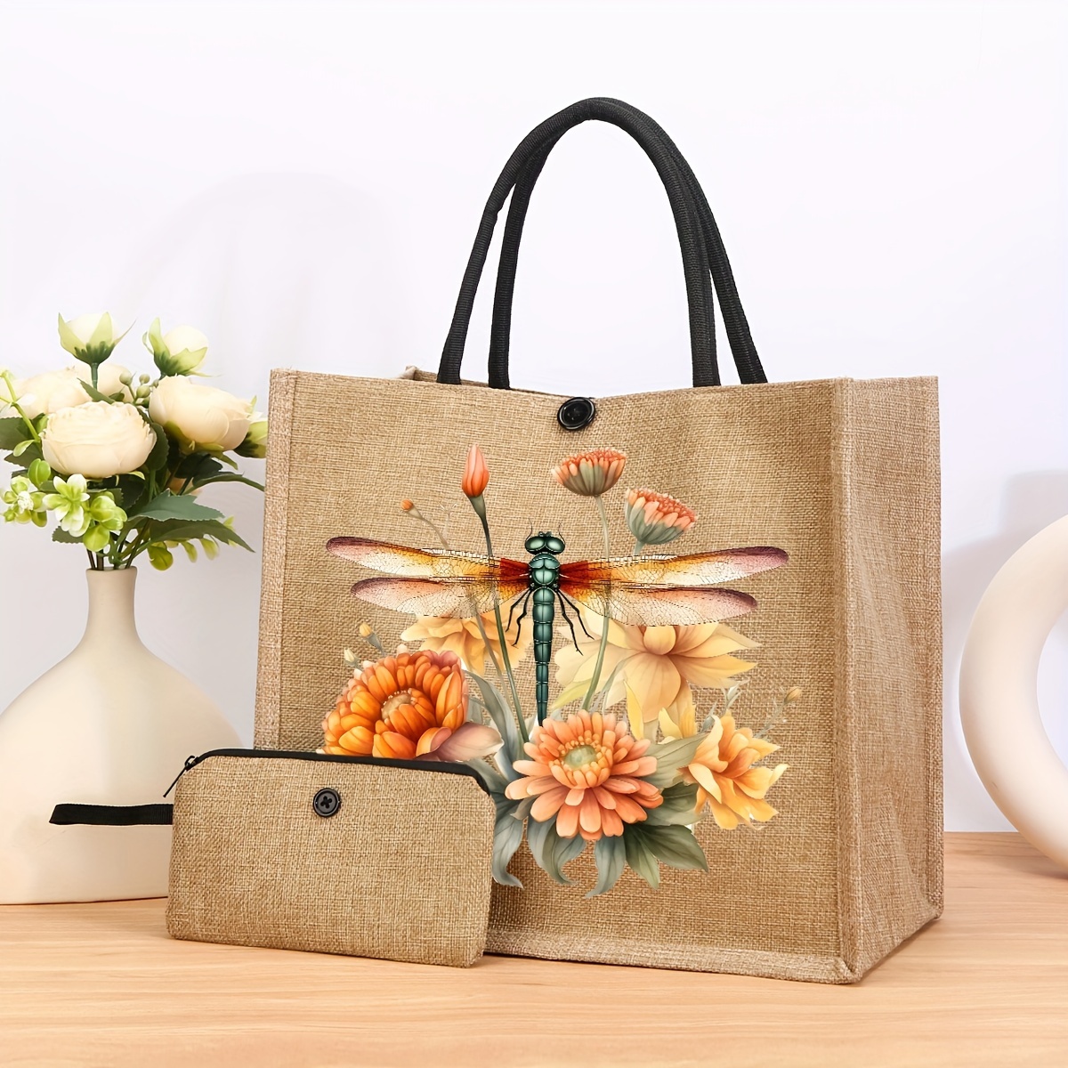 

2pcs Floral & Dragonfly Print Tote Bag Set, Lightweight Shopping Bag, Portable Travel Beach Bag With Zipper Makeup Bag