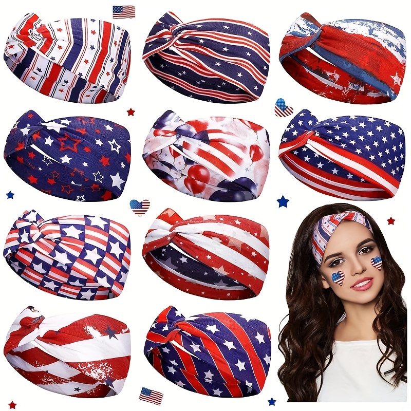 TEMU 10pcs Patriotic American Flag & Star Headbands - Vintage Knotted, Sweat-wicking For Yoga, Running & Sports - Celebrations