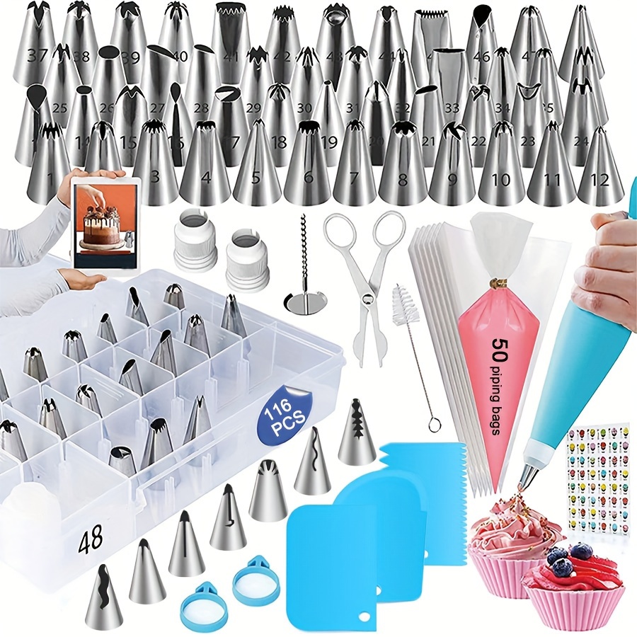 TEMU This Is A 116pcs Set For Cake Decoration And Baking, Featuring 55 Piping Tips, 3 Cake Scrapers, 50 Piping Bags, And More, All Packaged In A