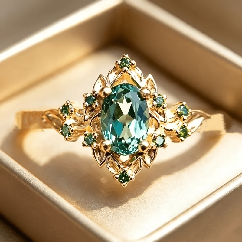 TEMU Elegant Luxurious Green Synthetic Cubic Zirconia Copper Engagement Ring, Versatile Jewelry For Daily Wear, Parties, Weddings, And Special