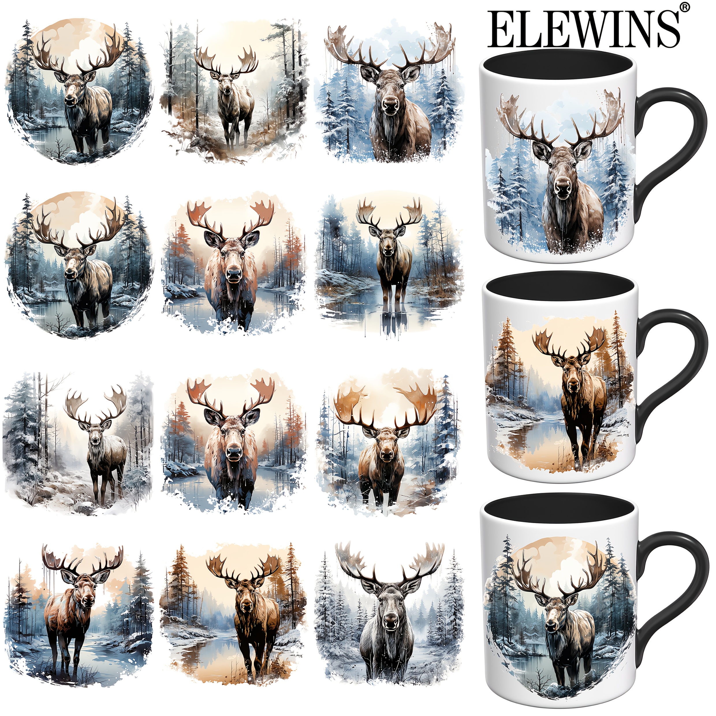 TEMU 12pcs Of Winter Moose Uv Dtf Transfer Paper, Scratch-resistant Vinyl - Waterproof, Decorative Scratch-resistant Vinyl Suitable For Cups And