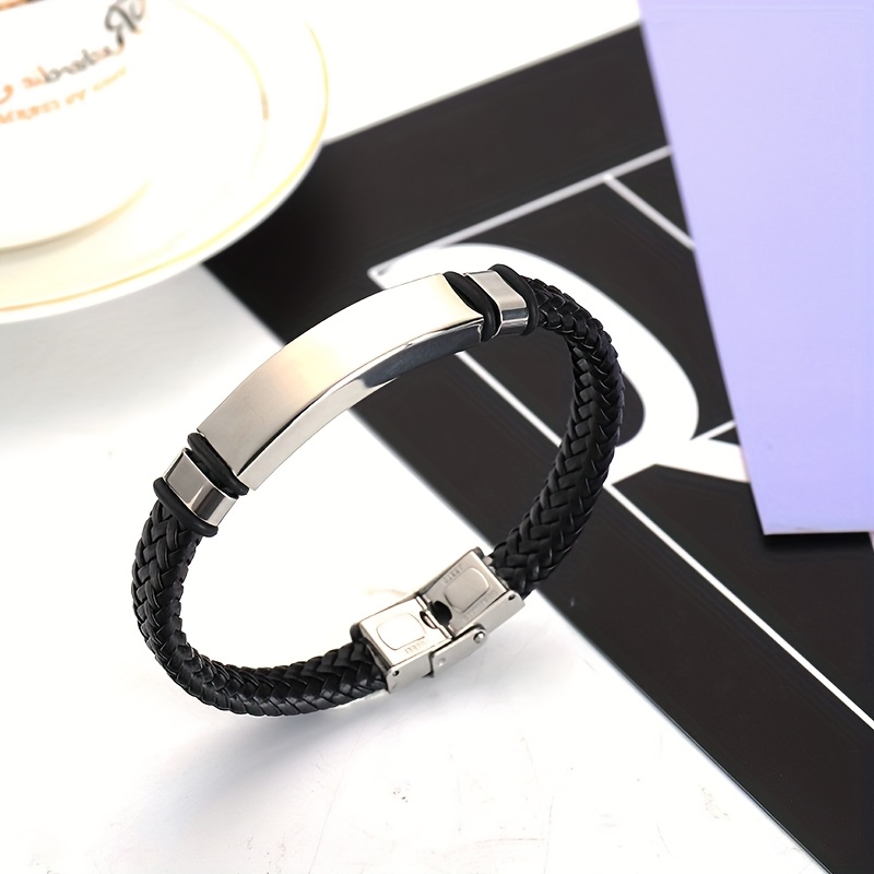 TEMU Custom New Fashionable Minimalist Men's Titanium Steel Bracelet Wristband Black Cord Bracelet For Men And Women, Valentine's Day Gift, Friend