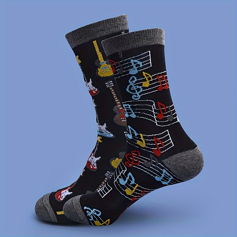 

1 Pair Of Men's Novelty Cartoon Guitar Pattern Crew Ab Socks, Breathable Cotton Blend Comfy Casual Unisex Socks For Men's Outdoor Wearing