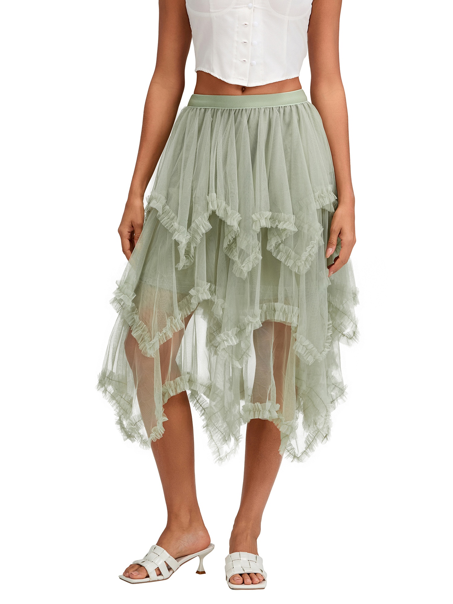 【IONSEOUL】FRILL LAYERED PT 5FM0039 women plus size layered tulle long skirt fashion high waist