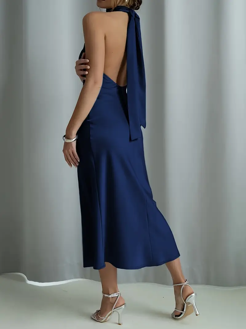 women's solid color backless halter dress Firerie Women's Solid Color Backless Halter Maxi Dress, Suitable For Vacation Beach Summer Dress, Beach Vacation Outfits For Women Lime Green Elegant Sexy