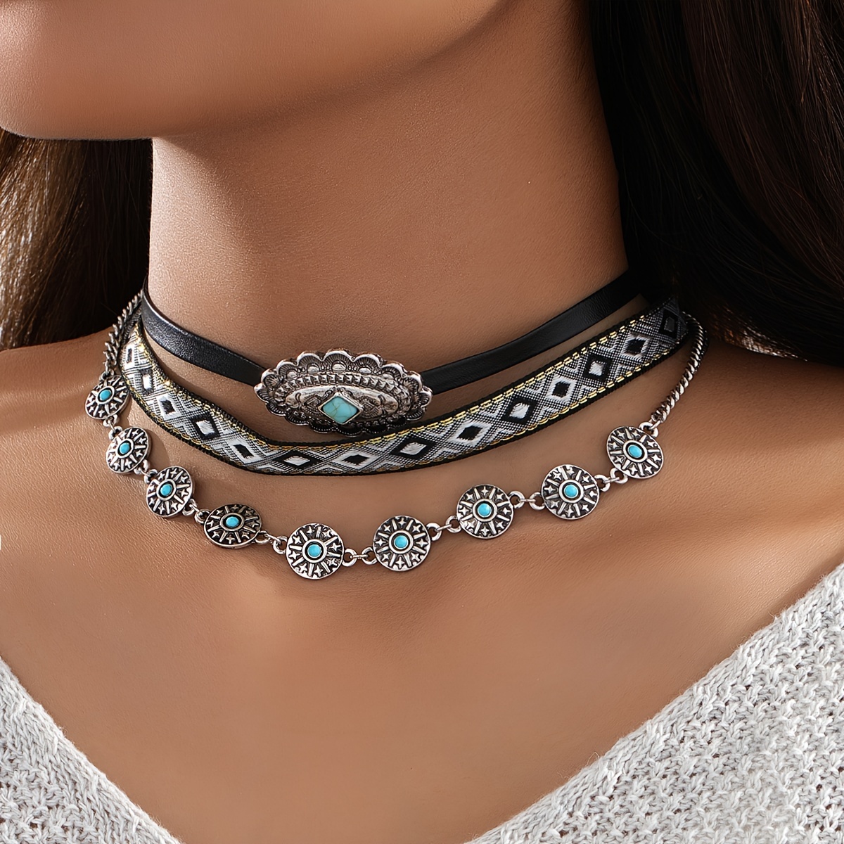 Image of 3pcs Vintage Western Style Alloy Turquoise Webbing Necklace Set For Women' Wear