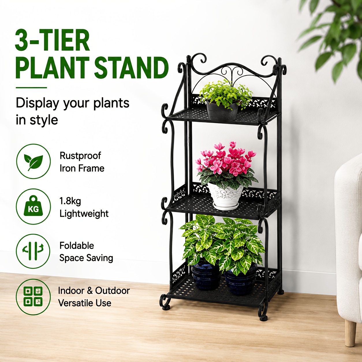 TEMU 3-layer Metal Flower Pot Rack Garden Stand, Indoor And Outdoor Plant Rack, Foldable To , Black Color, Suitable For , Courtyards, Living Rooms,