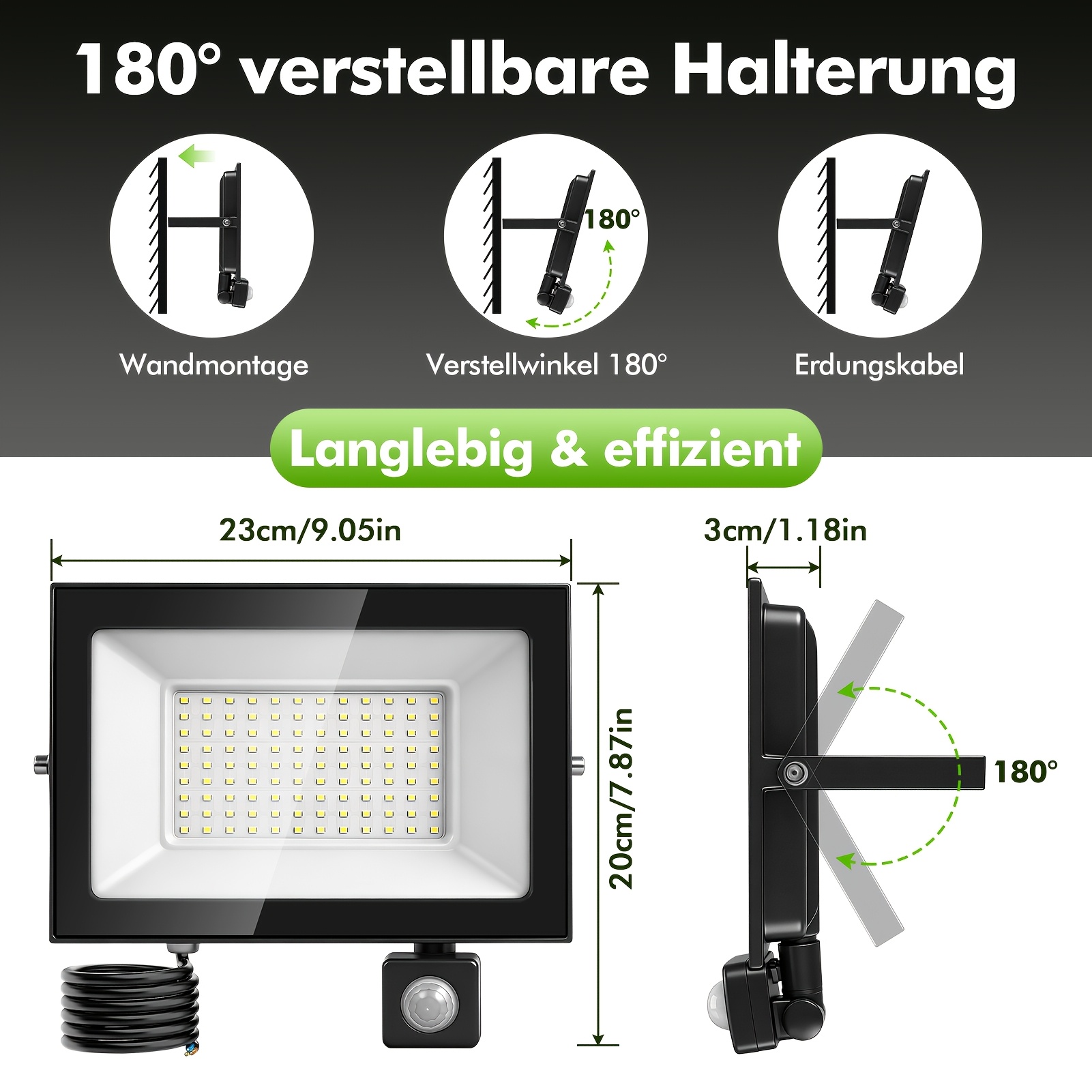 TEMU 2 luces LED de 100W con sensor de movimiento, foco para exteriores, ideal para patio trasero, entrada de vehículos, garaje, pasillo, jardín,
