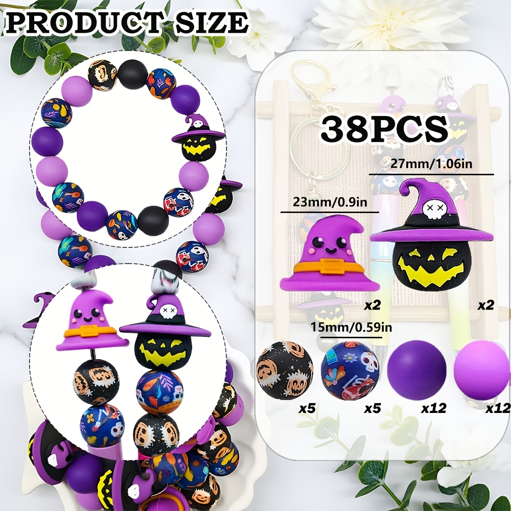 TEMU 38pcs Silicone Bead 3d Purple Witch Hat, Pumpkin Silicone Shaped Loose Beads, Halloween Pumpkin Printed Multicolor Round Beads. Suitable For