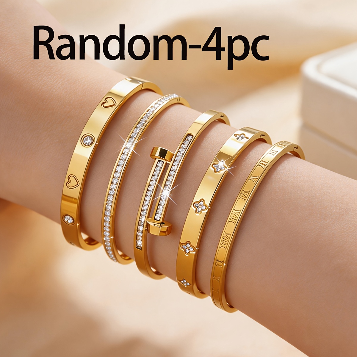 TEMU Random Set Of 4 18k Gold-plated 304 Stainless Steel Stackable Bracelets For Women, Fashionable Gift For Daily Wear And Parties