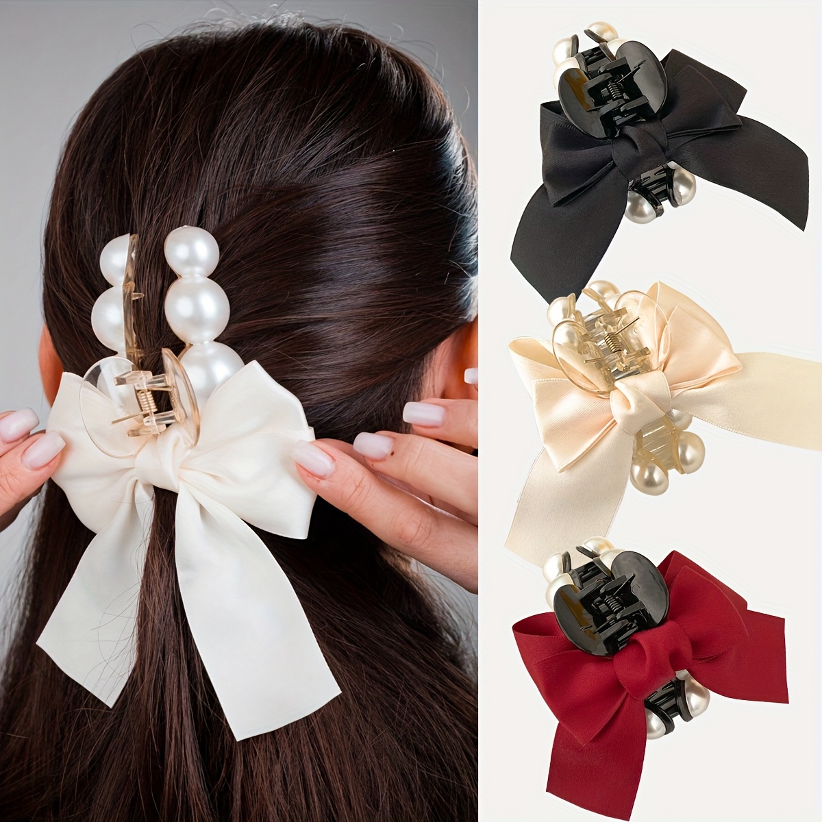 ? Lovely Lace Ribbon Bow Faux Pearl Tassel Hair Claw ? Long Ribbon Bow Hair Clip with Pearl Tassels Decorative  main image 3