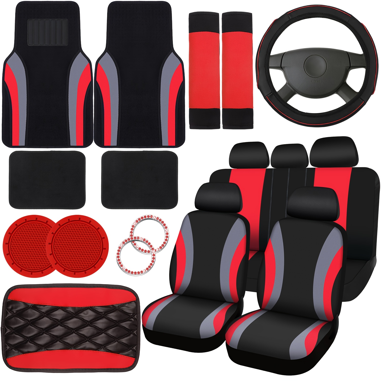 

21pcs Car Seat Covers Full Set Car Floor Mats Steering Wheel Cover Armrest Cover Seat Belt Pad Seatbelt Covers Cup Mats Car Emblem Ring Sticker For Sedans Trucks Suv ()