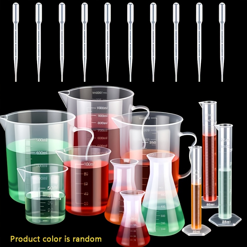 21pcs Plastic Beaker Laboratory Set Random Color , Including 3 Measuring Cylinders, 5 Beakers, 3 Flasks, 10 Pipettes, Suitable For Laboratory Parties And Diy